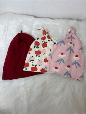 Bundle of 3 Pink Red Knot Beanie Organic Cotton Wool Hats